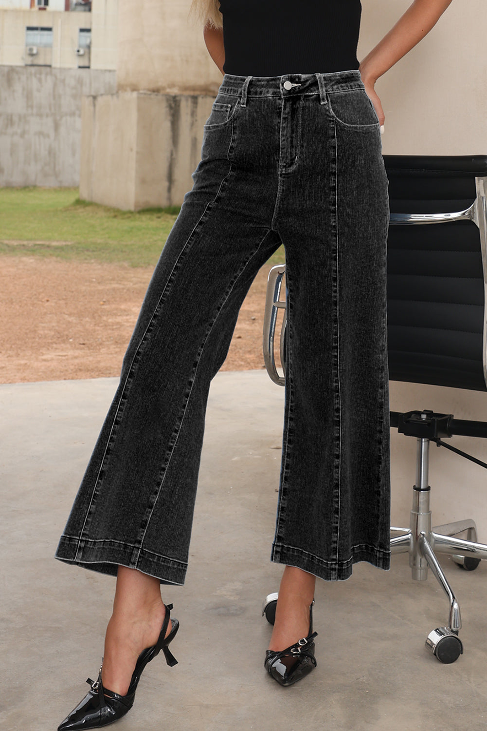 Dark Blue Plain Seam Detail Flared Bottom Ankle Length Jeans (Extended Sizes)