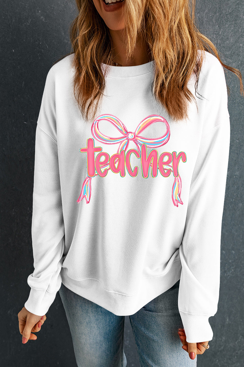 White Teacher Bow PNG Graphic Pullover Sweatshirt (Extended Sizes)