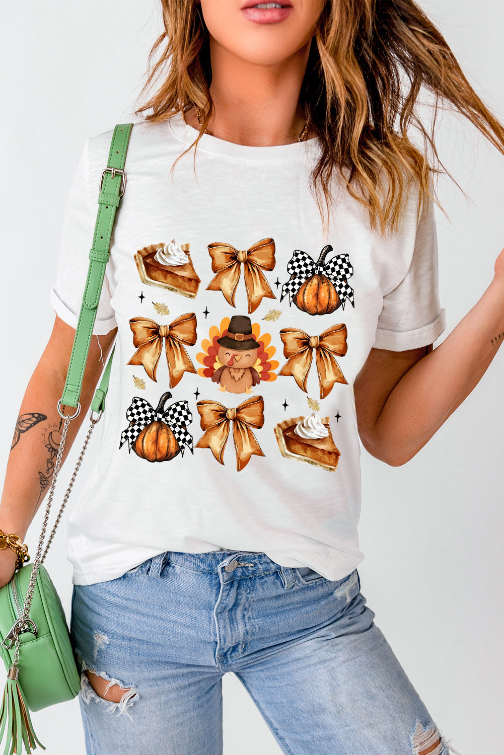 White Cute Bowknot Tanksgiving Graphic Crewneck T Shirt (Extended Sizes)
