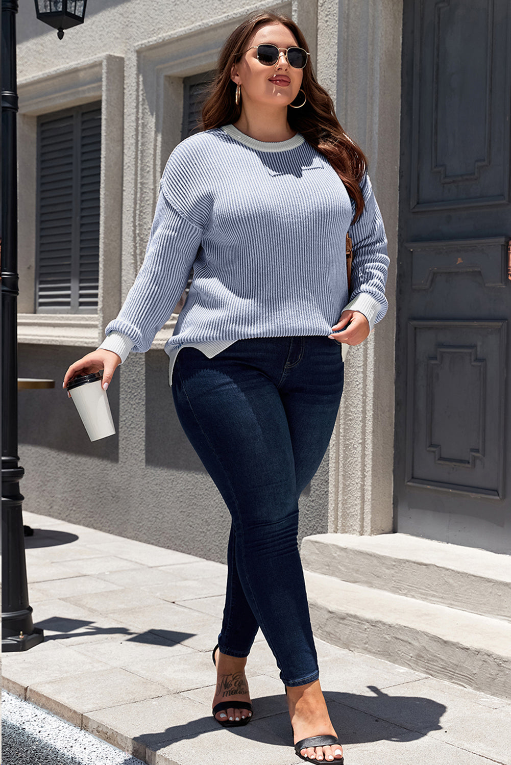 Blue Stripe Contrast Trim Crew Neck Rib Knit Drop Shoulder Sweater