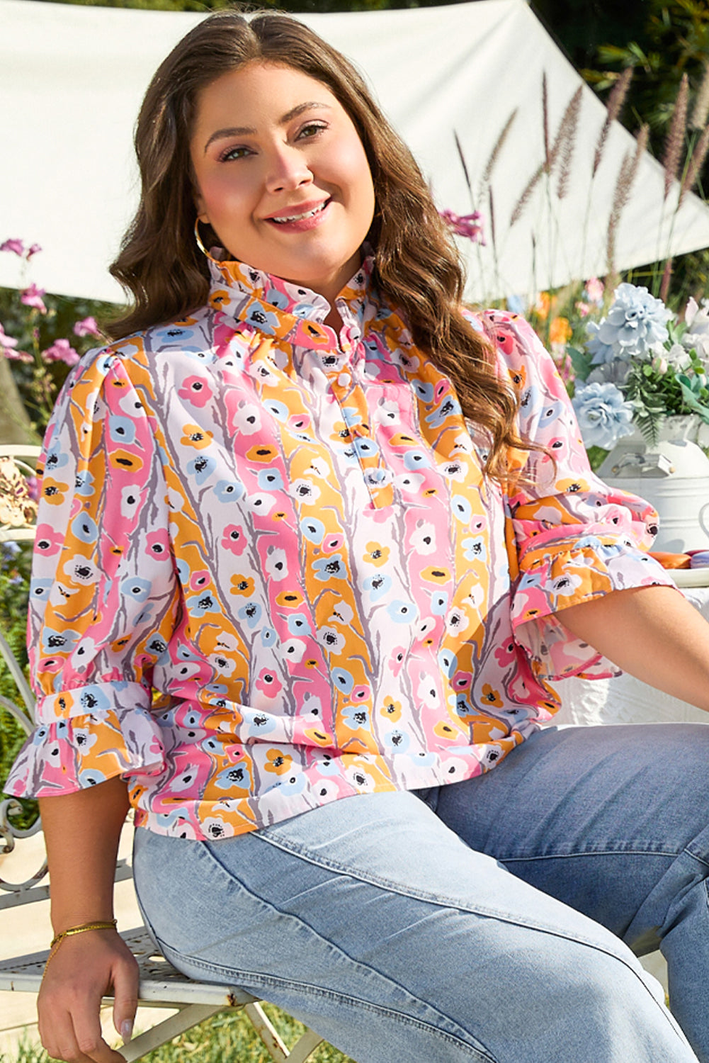 Pink Floral Ruffled Collar Bracelet Sleeve Blouse Top