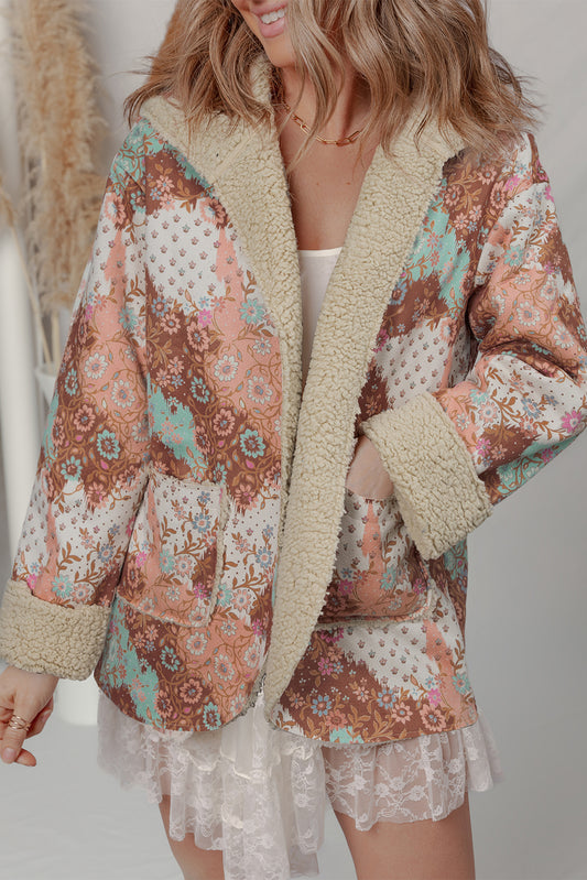 Khaki Vintage Floral Printed Sherpa Lined Hooded Jacket (Other Colors)