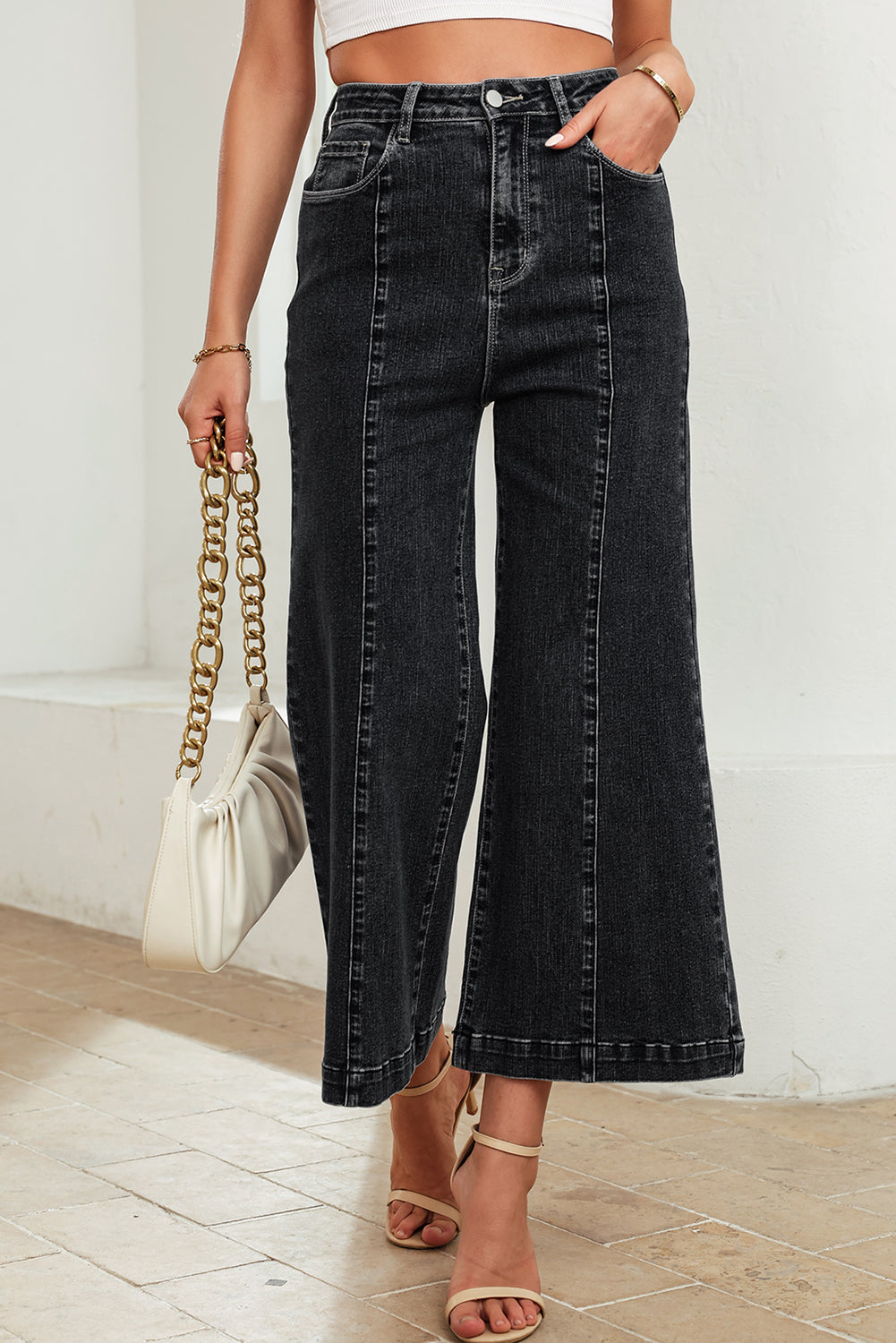 Dark Blue Plain Seam Detail Flared Bottom Ankle Length Jeans (Extended Sizes)