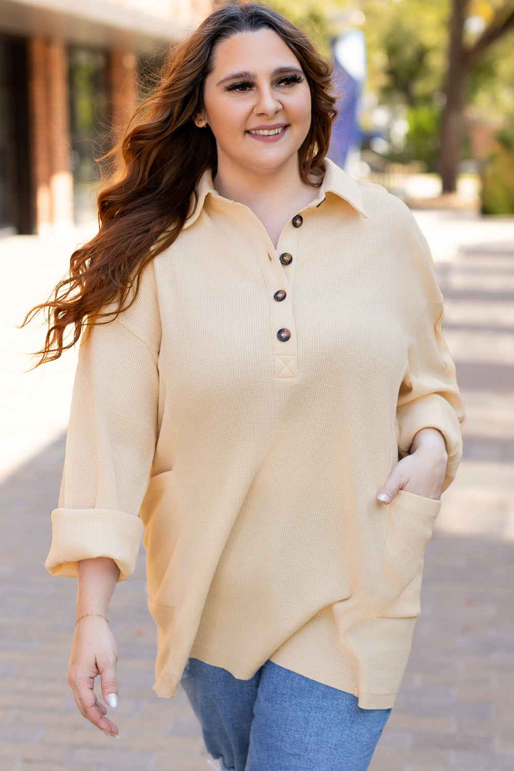 Jet Stream Thermal Waffle Knit Henley Tunic Top