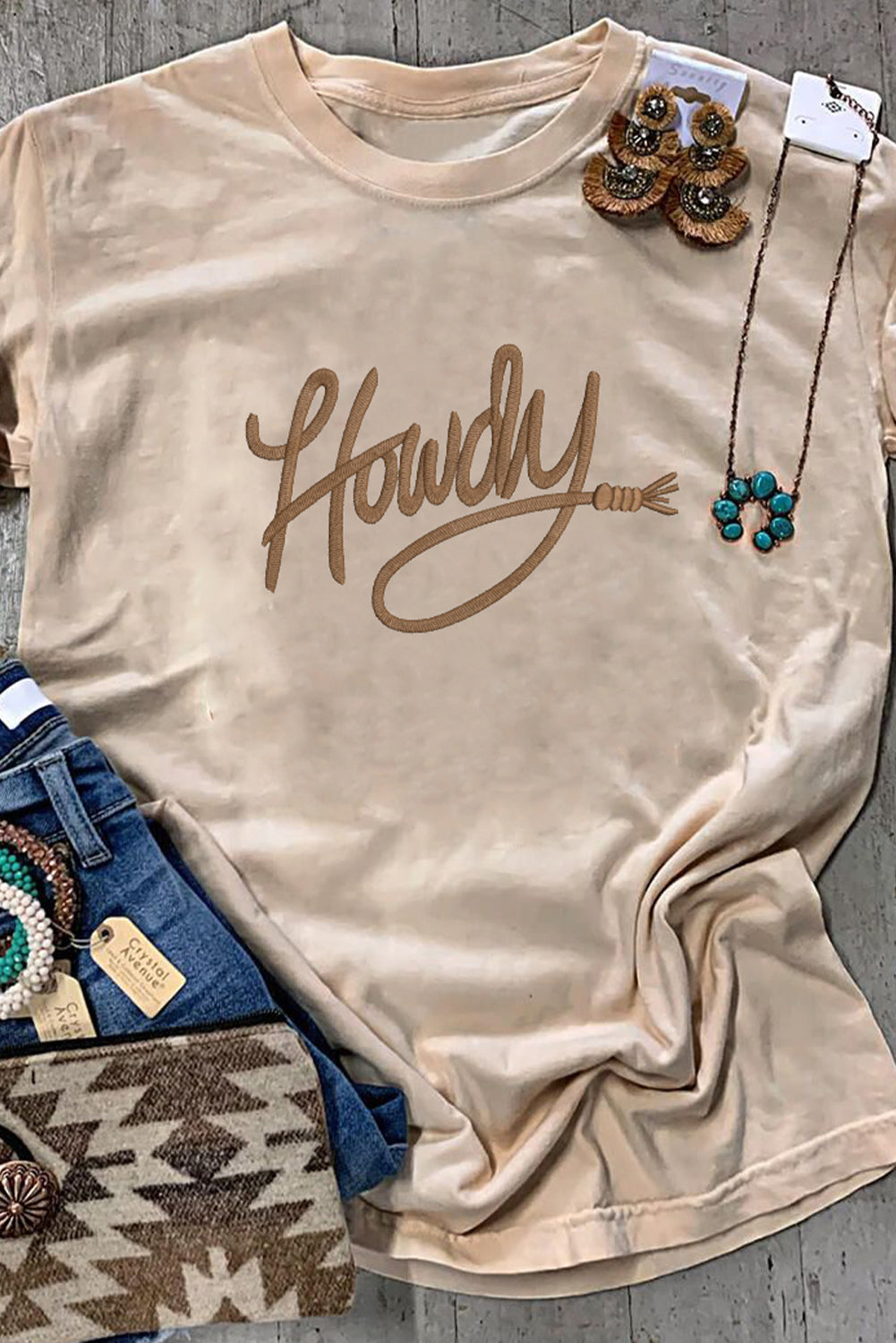 Khaki Howdy Embroidered Graphic Western Tee (Extended Sizes)
