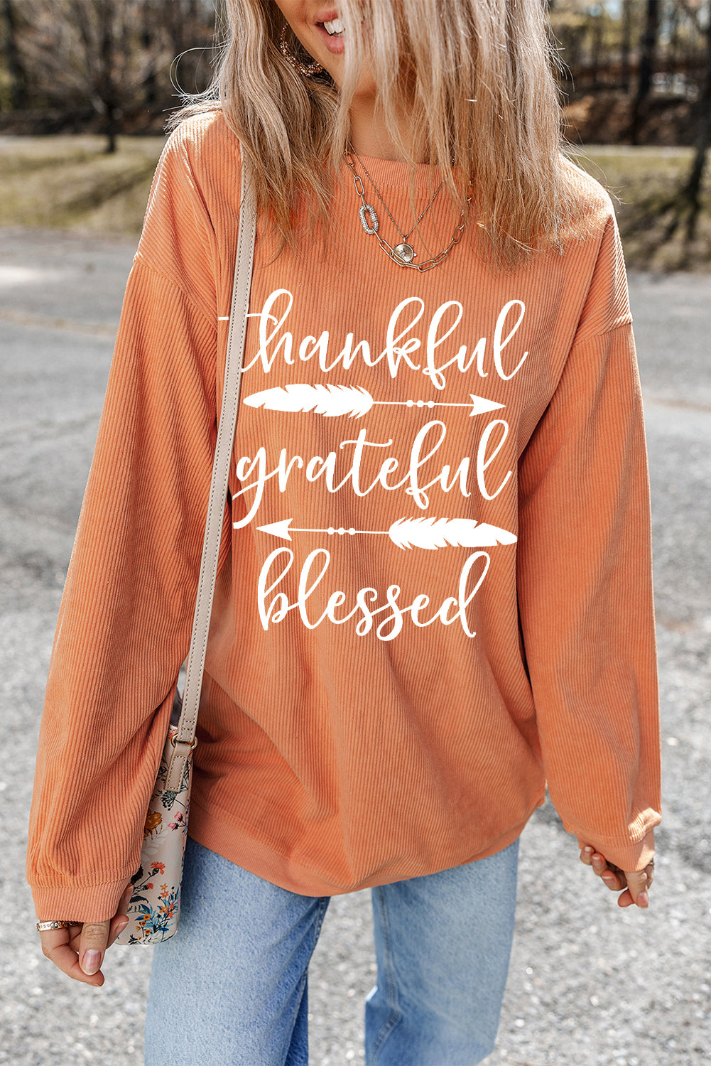 Orange thankful grateful blessed Arrow Graphic Corded Sweatshirt (Extended Sizes)