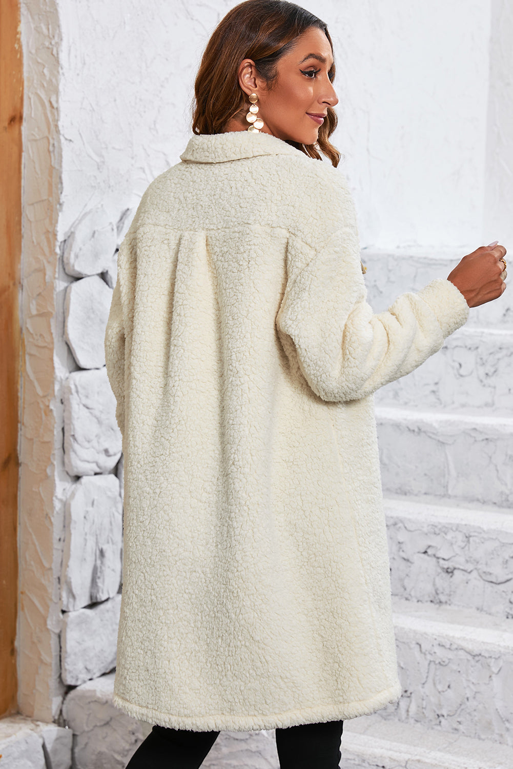 Beige Contrast Flap Pocket Single Breasted Teddy Coat (Extended Sizes)