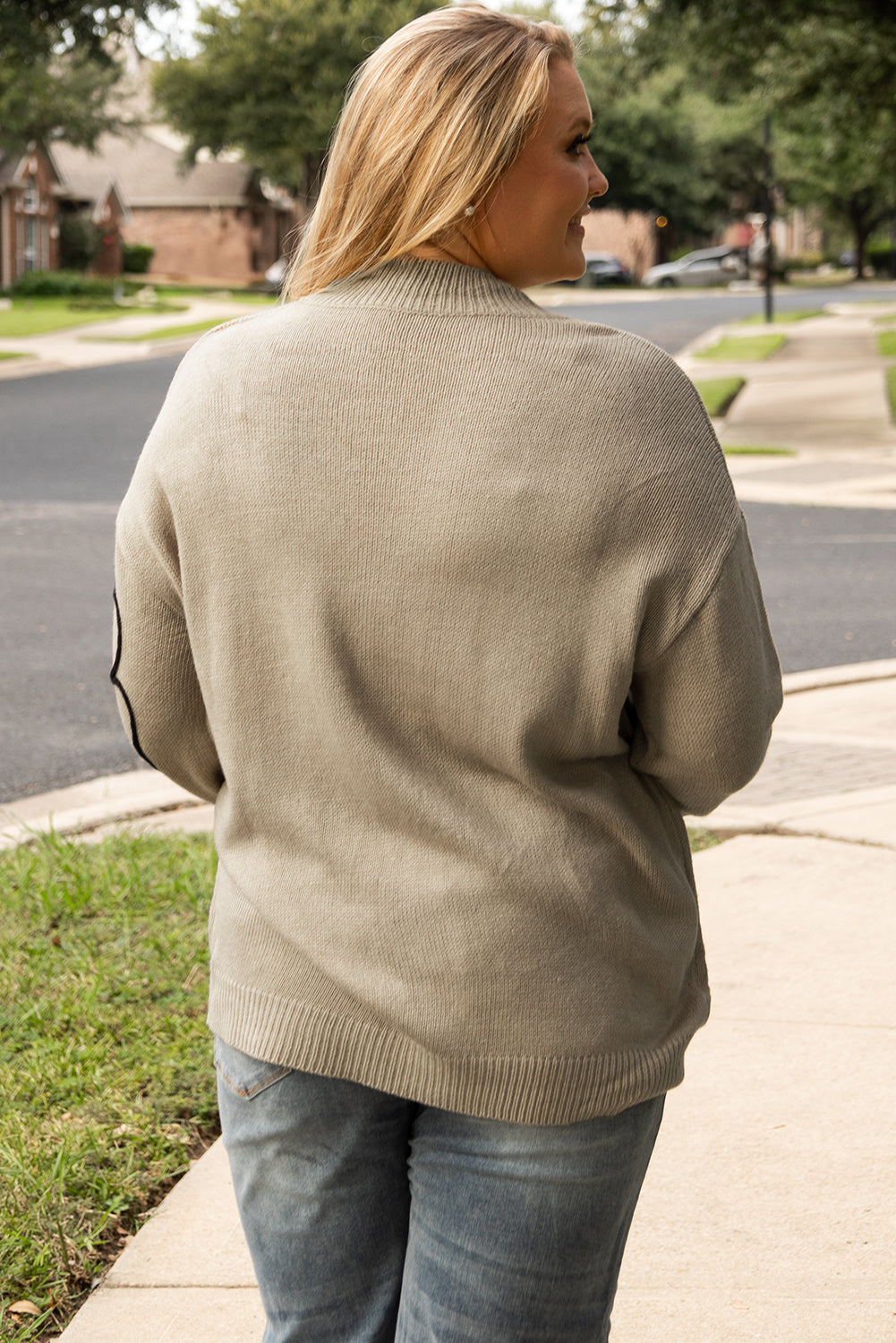 Dark Khaki Big Flower Pattern High Neck Drop Shoulder Sweater