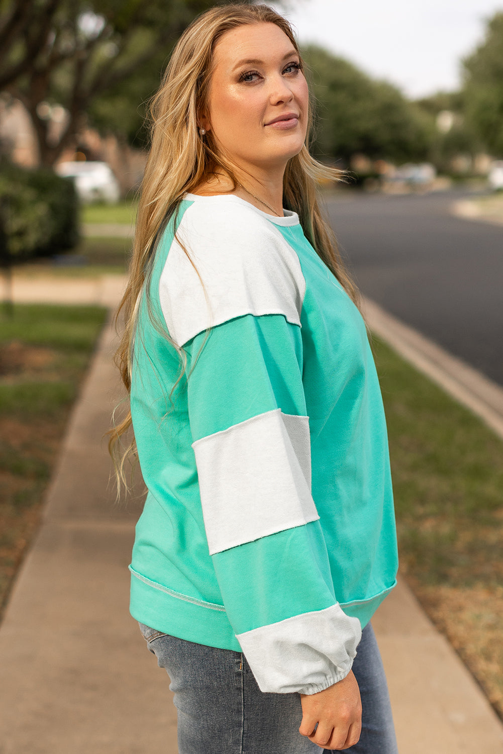 Aruba Blue Colorblock Patchwork Cross Seam Sweatshirt