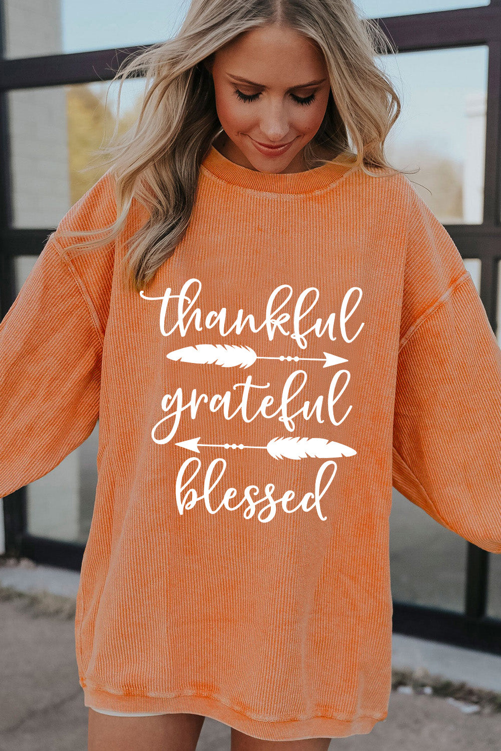 Orange thankful grateful blessed Arrow Graphic Corded Sweatshirt (Extended Sizes)