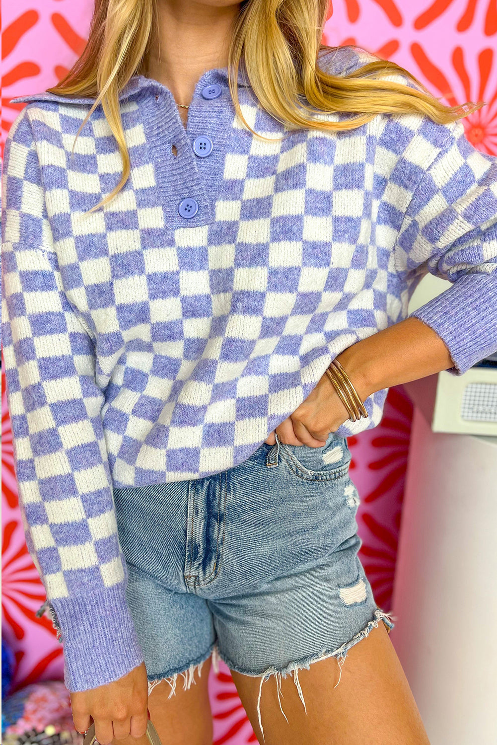 Purple Checkered Collared Buttons Sweater