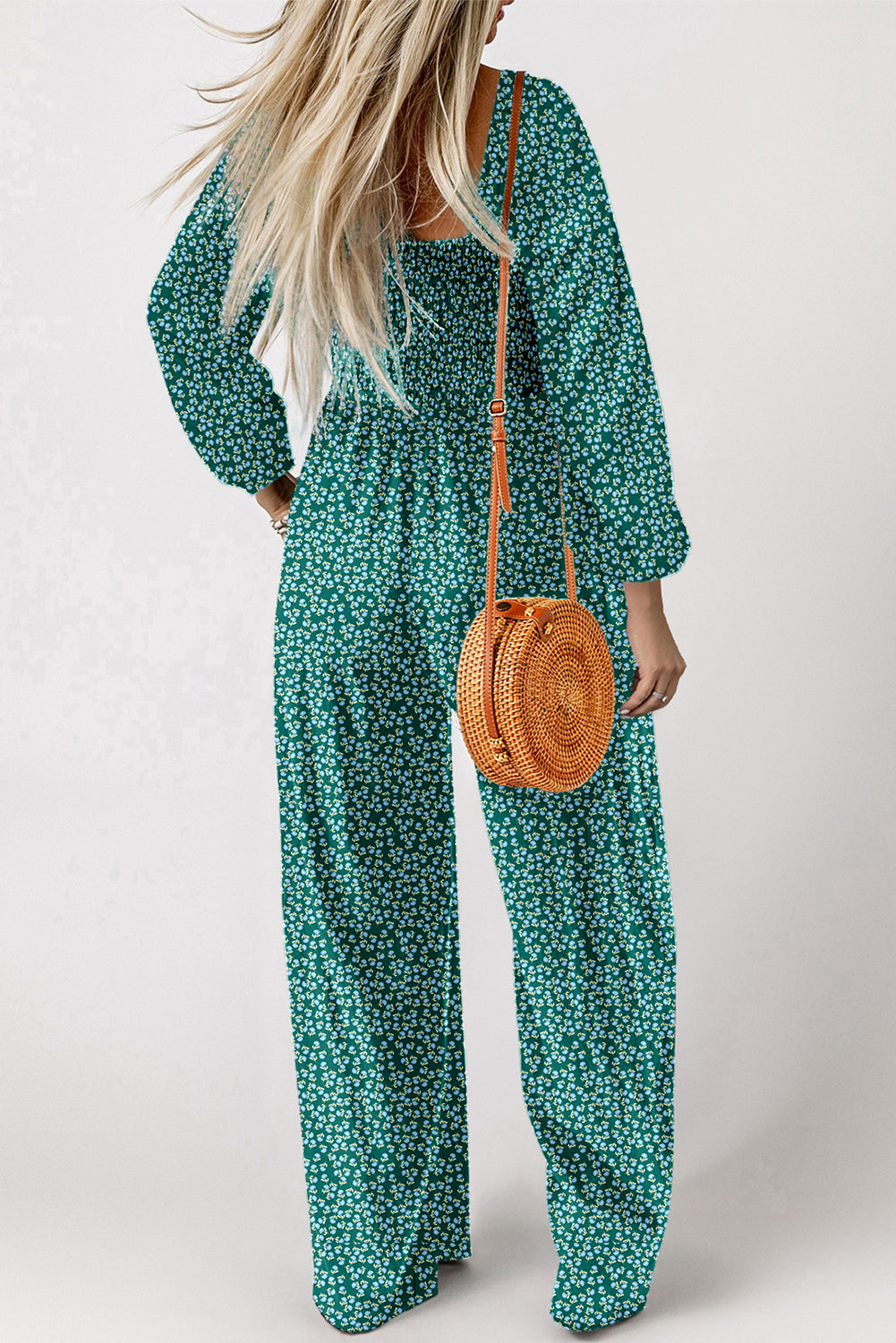 Brown Floral Print Western Smocked Bodice Square Neck Wide Leg Jumpsuit (Extended Sizes)