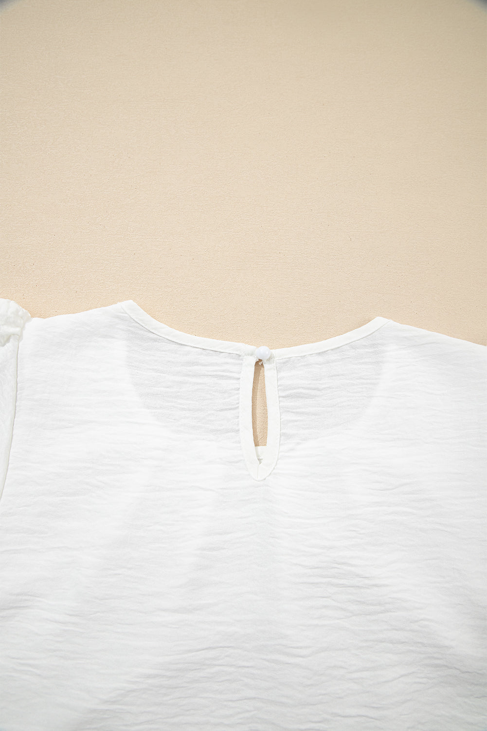 White Flounce Sleeve Pleated Textured Blouse (Extended Sizes)