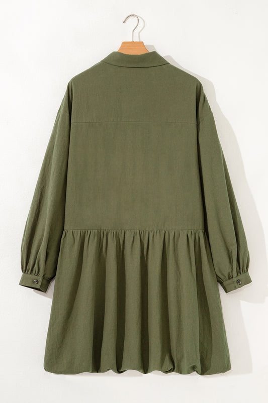 Four Leaf Clover Collar Half Button Long Sleeve Ruffle Hem Mini Dress