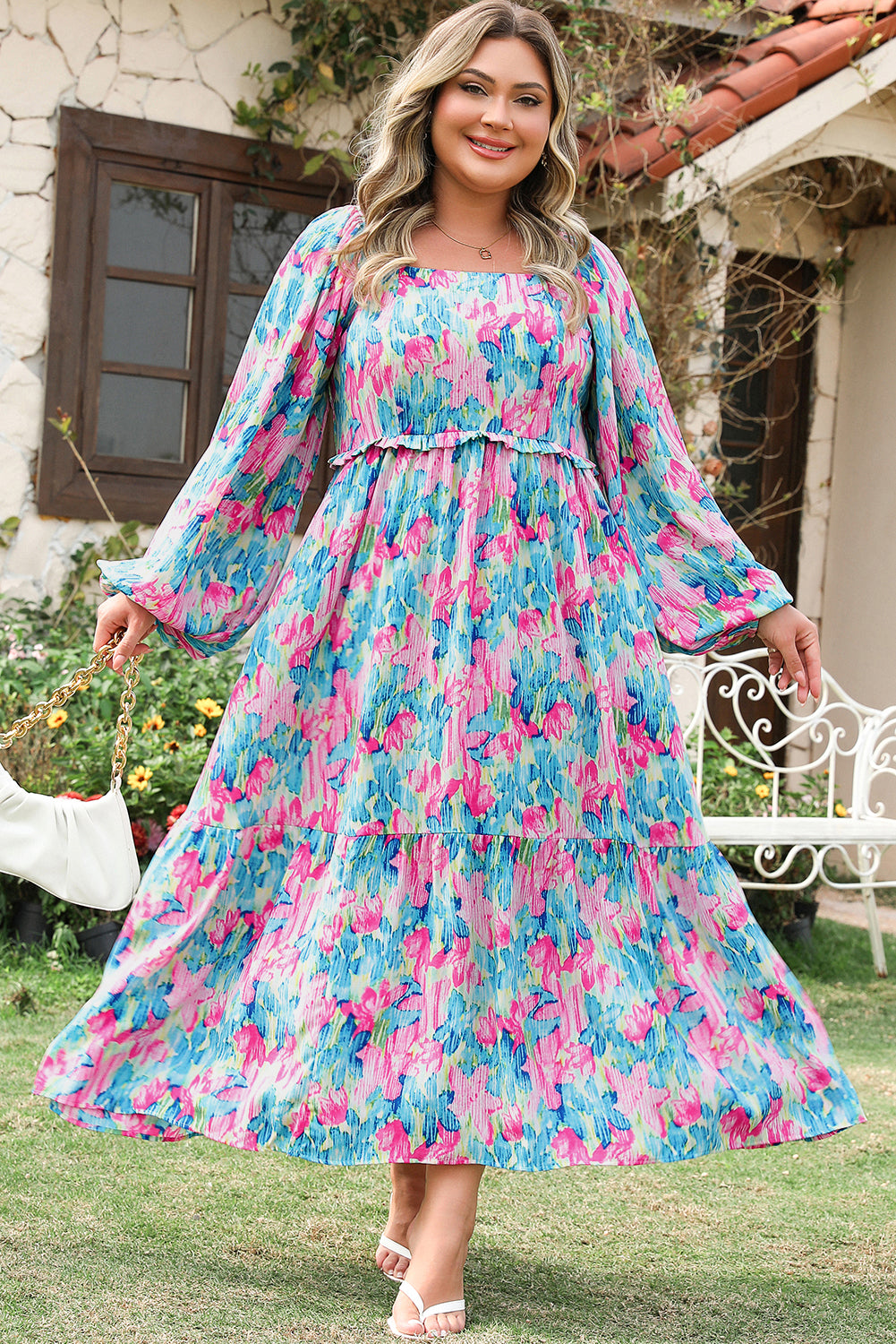 Sky Blue Floral Allover Print Shirred Square Neck Maxi Dress