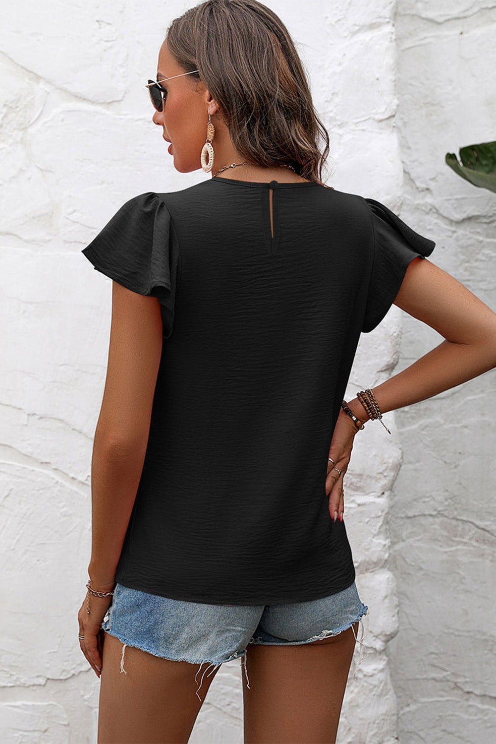 Black Flounce Sleeve Pleated Textured Blouse (Extended Sizes)