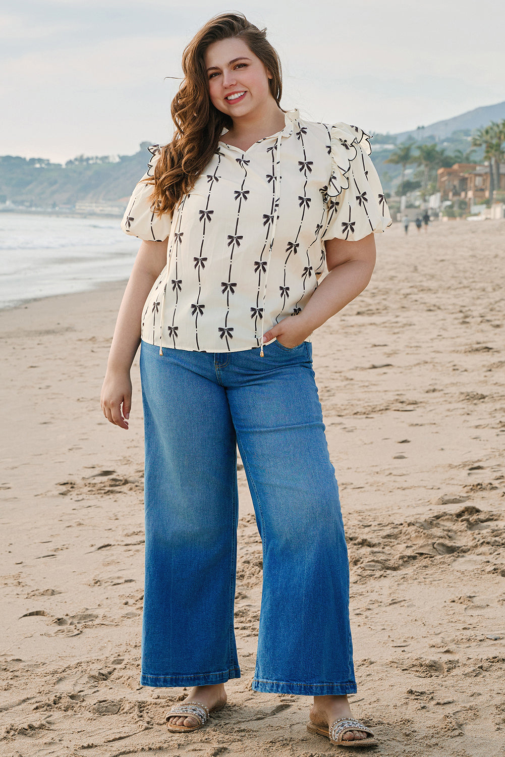 Apricot Bow Printed Ruffled Bubble Sleeve Lace-up Notched Neck Blouse