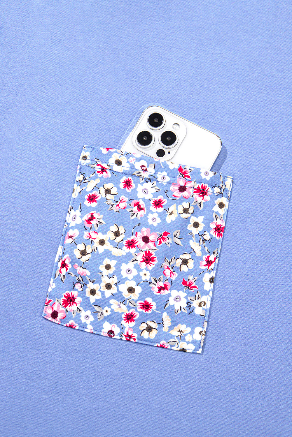 Sky Blue Floral Patchwork Chest Pocket Crewneck T Shirt