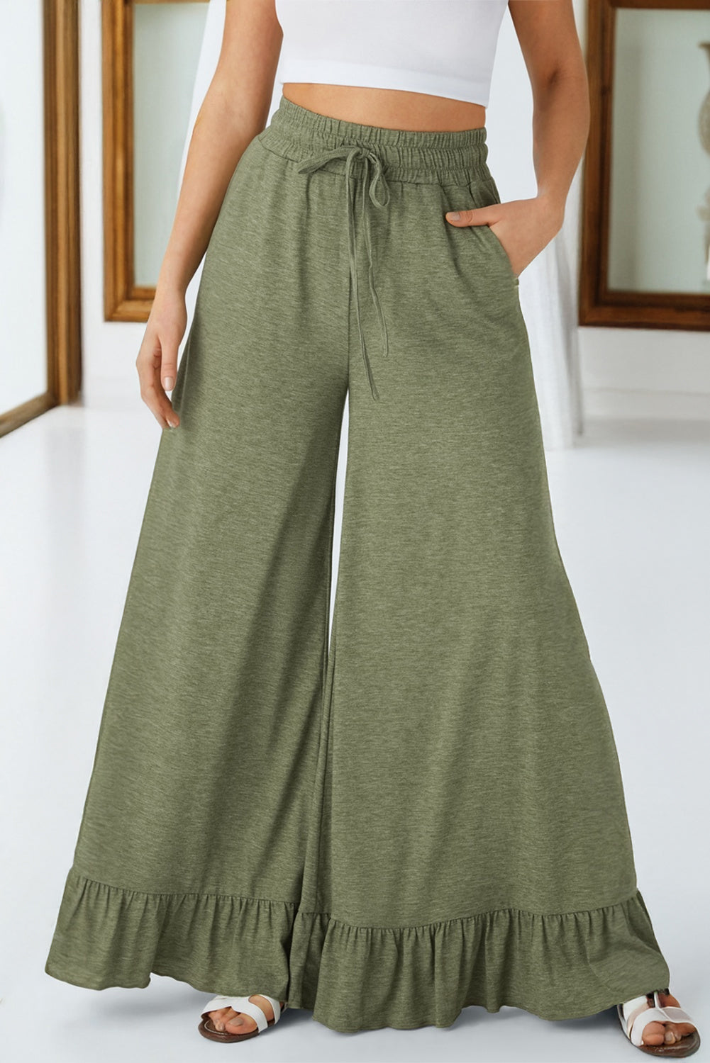 Ruffled Wide Leg Pull On High Waist Pants with Pockets (Other Colors)(Extended Sizes)