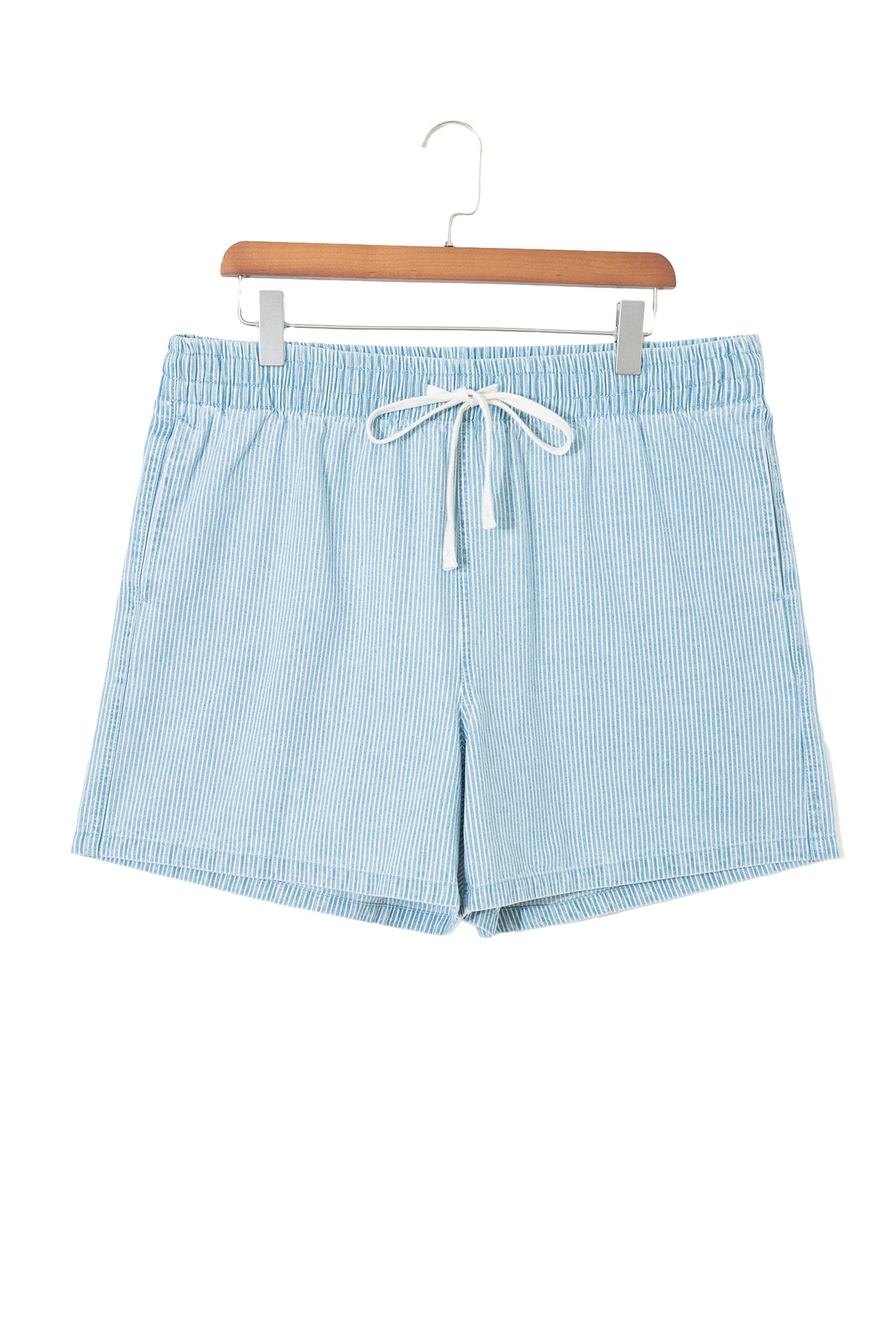 Blue Stripe Contrast Drawstring Elastic Waist Denim Shorts