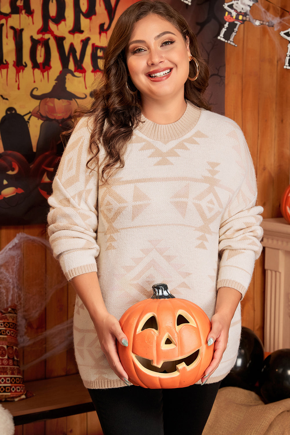 Apricot Western Aztec Print Loose Sweater