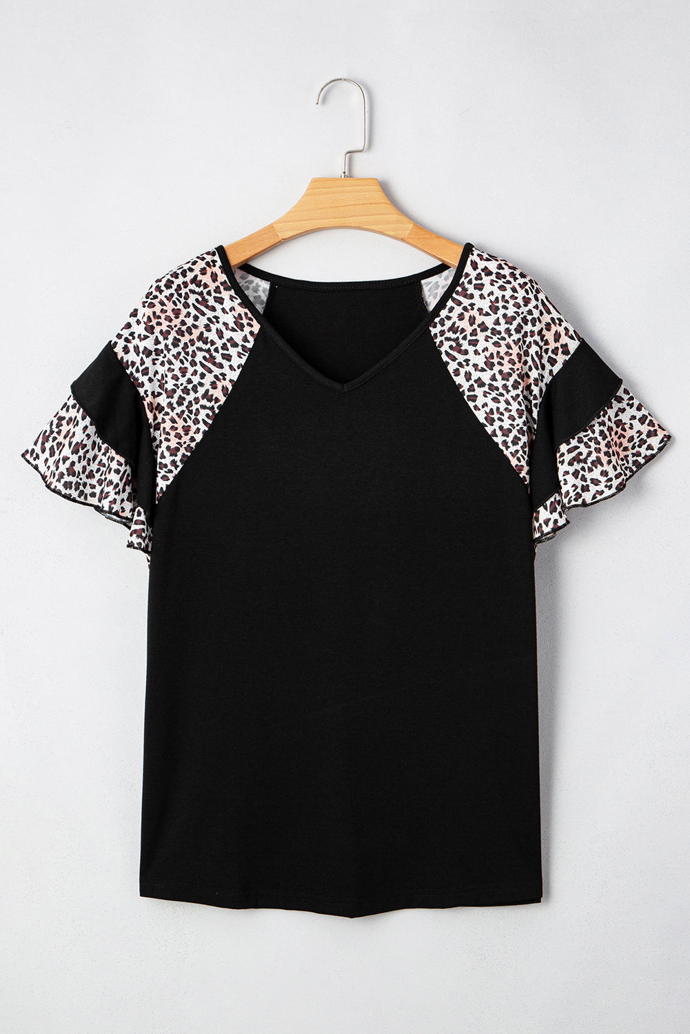 Black Leopard Ruffle Patchwork Sleeve Summer Top