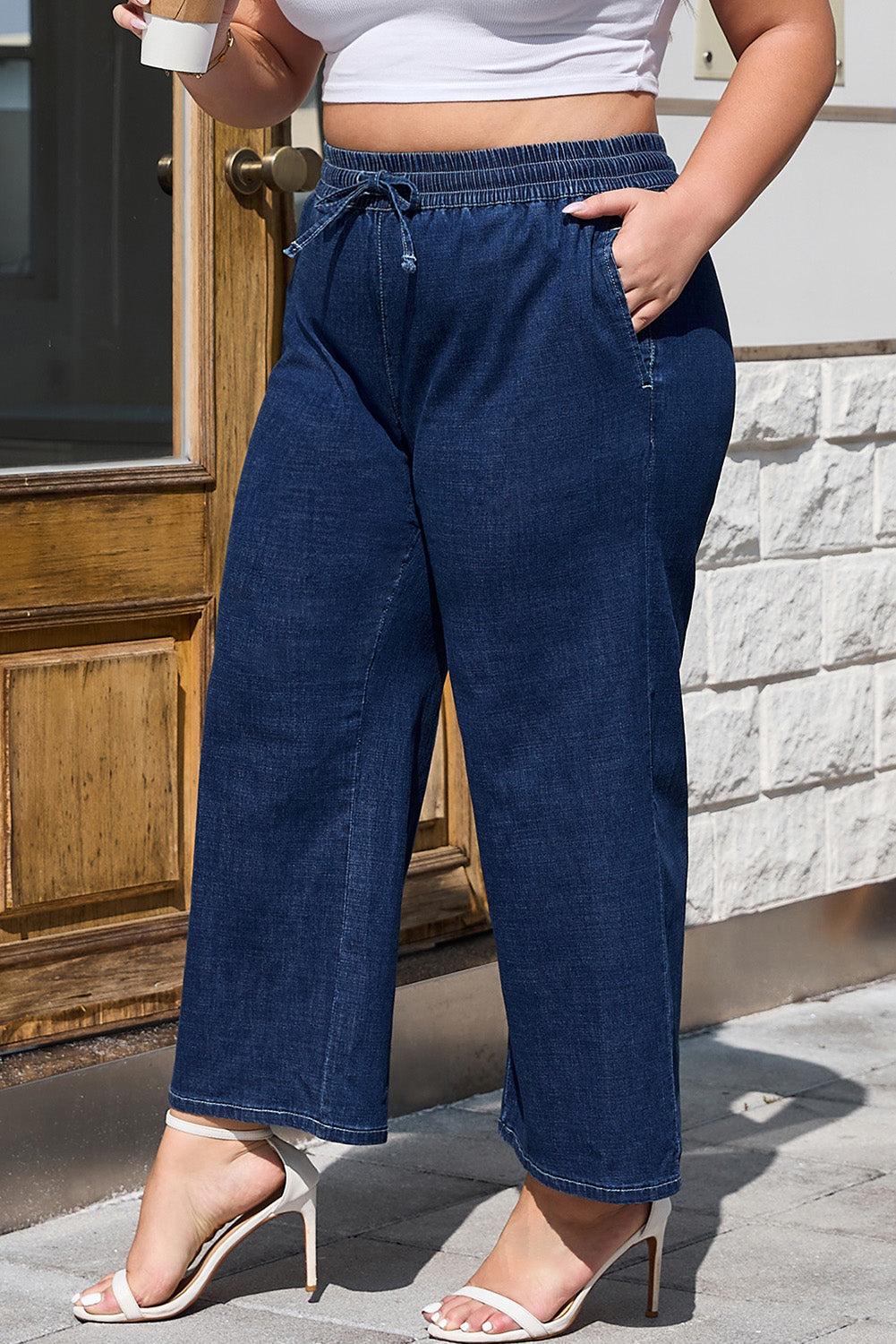 Real Teal Drawstring High Waist Wide Leg Casual Jeans