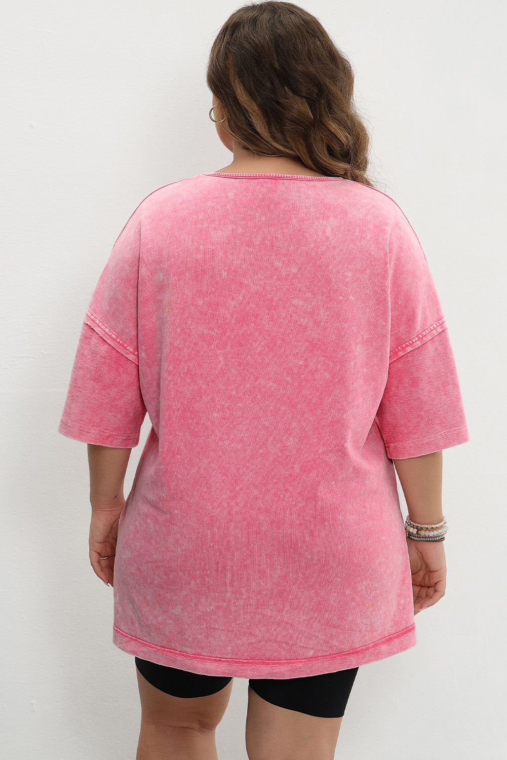 Strawberry Pink Mineral Wash Drop Sleeve Patchwork Tee