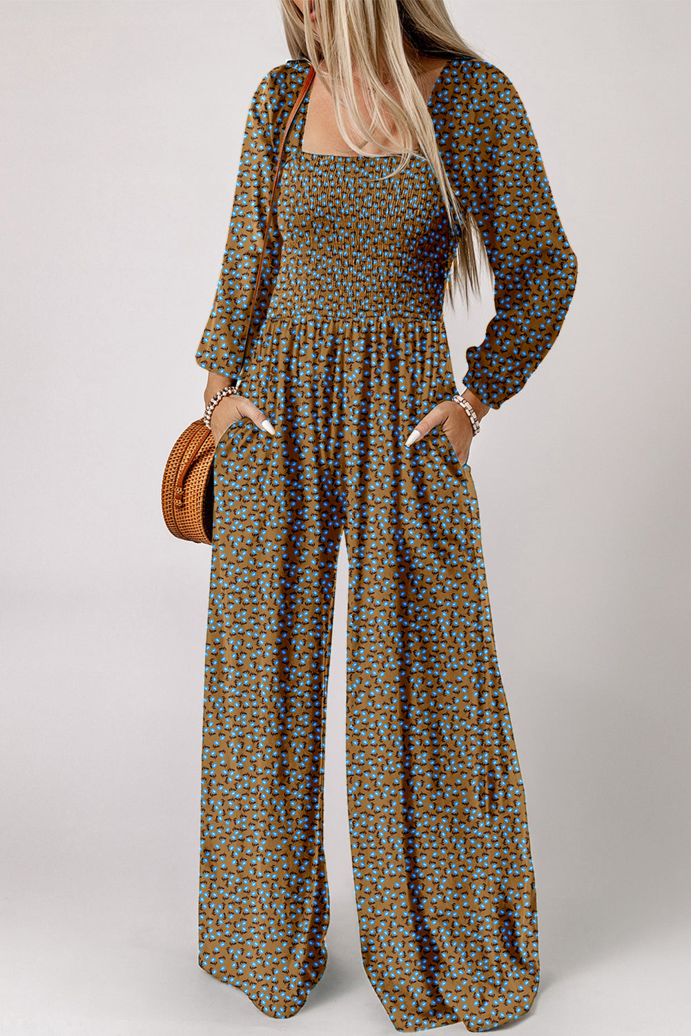Brown Floral Print Western Smocked Bodice Square Neck Wide Leg Jumpsuit (Extended Sizes)