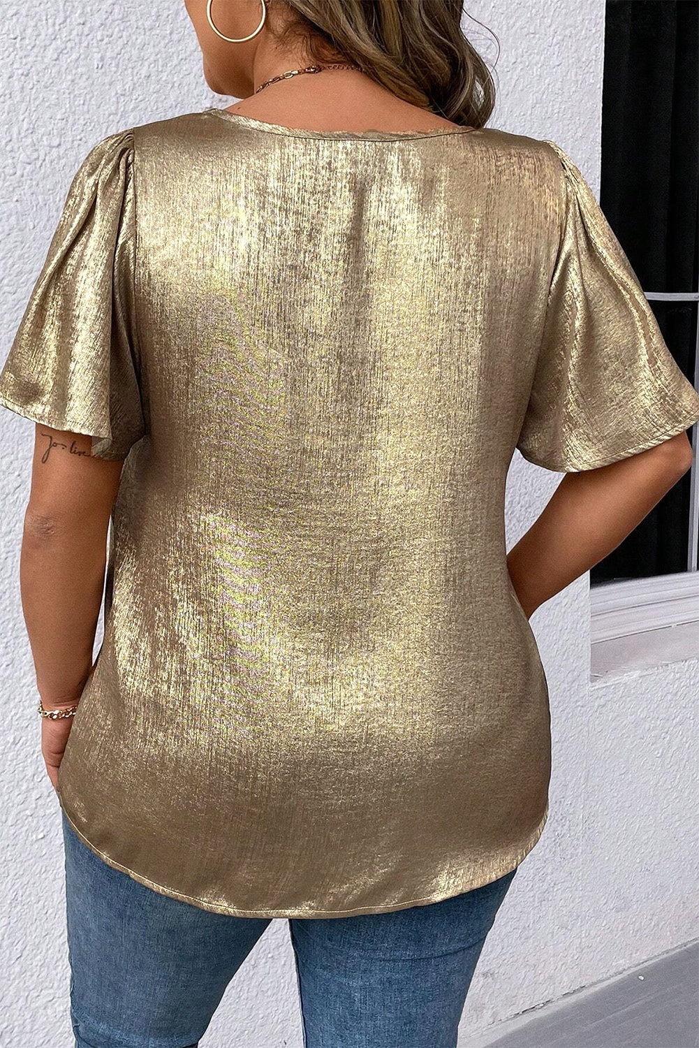 Gold Metallic V Neck Short Sleeve Blouse