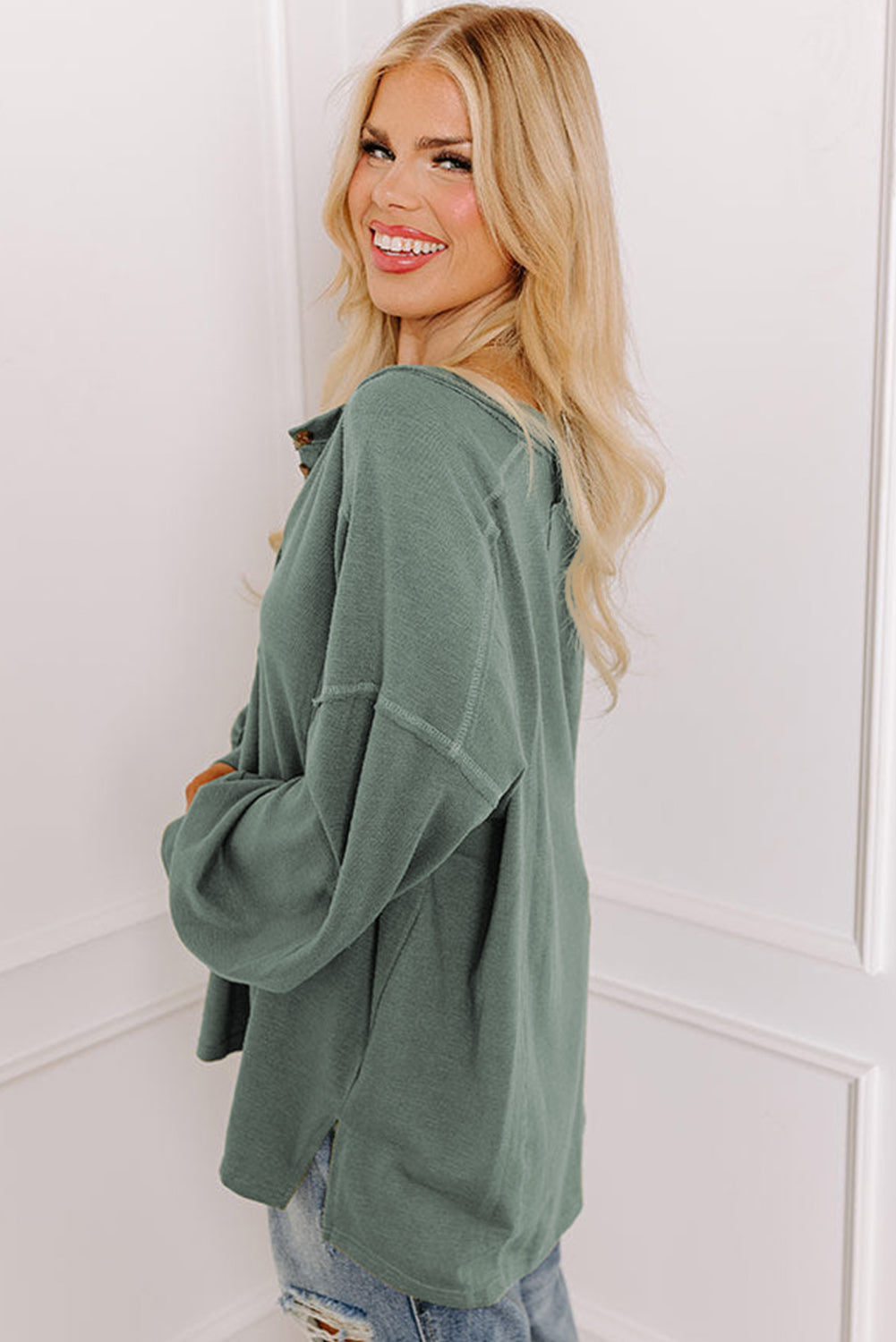 Seagrass Exposed Seam Drop Shoulder Henley Top