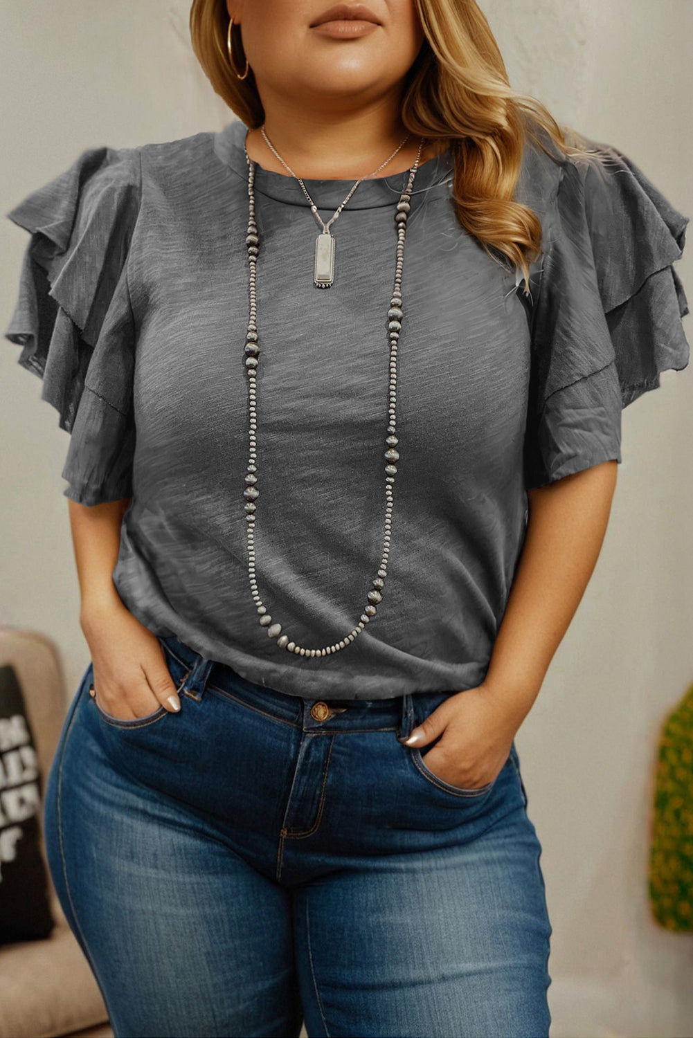 Dark Grey Double Ruffled Short Sleeve Top