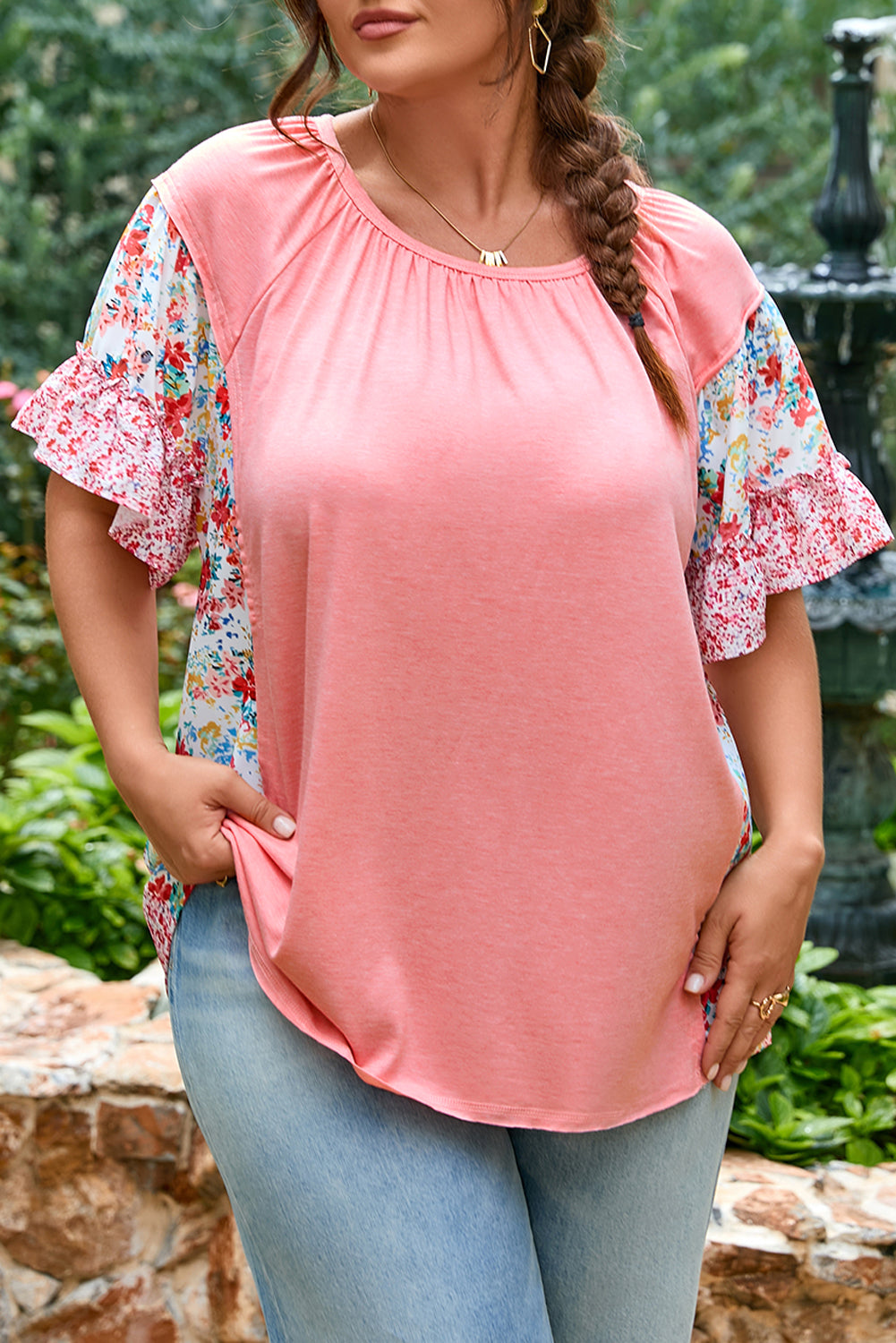 Pink Floral Patchwork Ruffled Short Sleeve Blouse