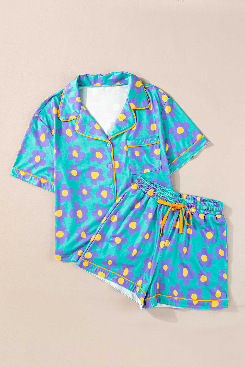 Green Flower Print Short Sleeve Shirt Pajamas Set (Extended Sizes)