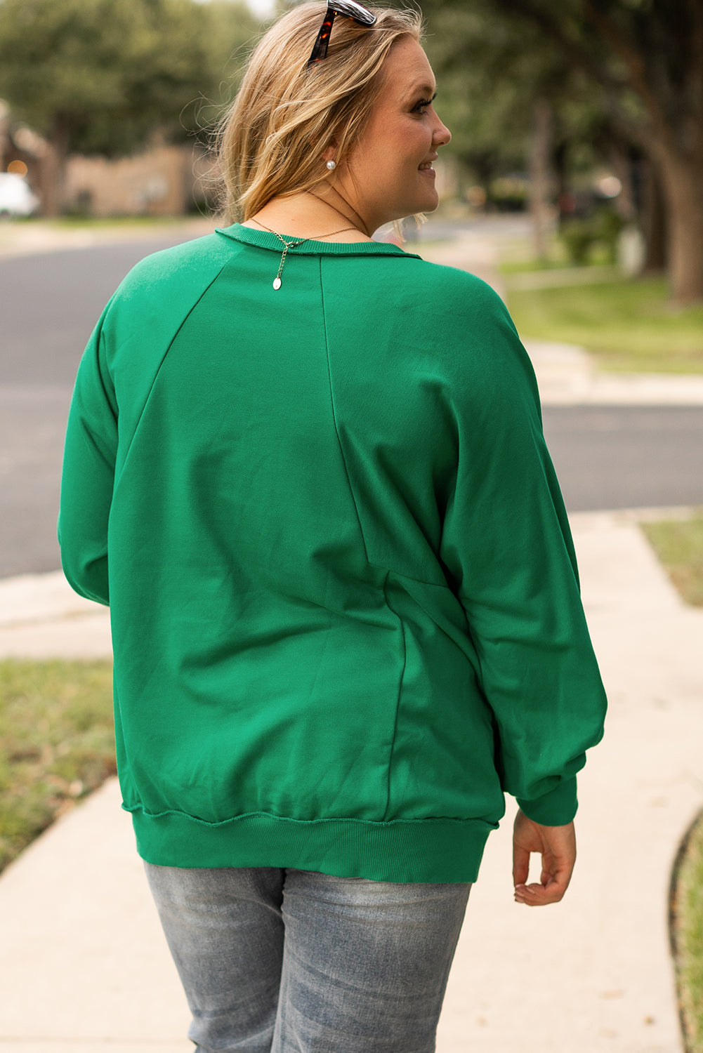 Bright Green Exposed Seam Notched Neck Drop Shoulder Sweatshirt