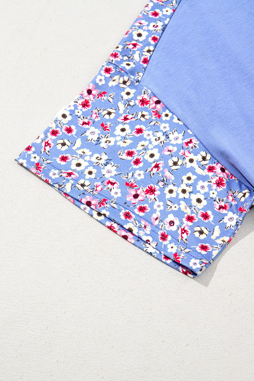 Sky Blue Floral Patchwork Chest Pocket Crewneck T Shirt