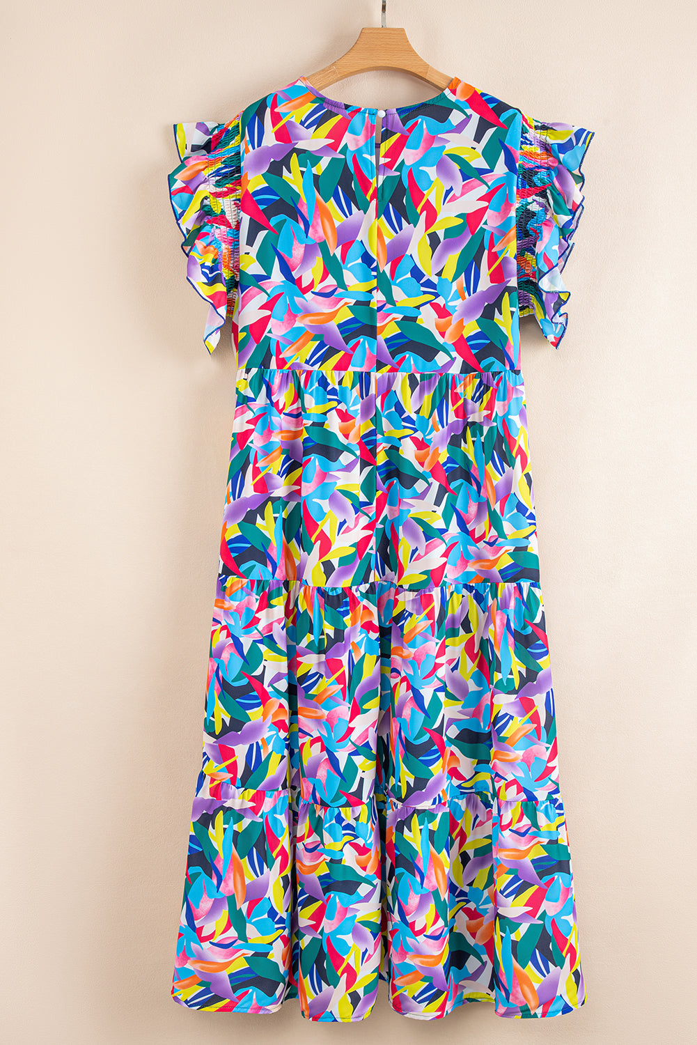 Blue Geometric Print Ruffled Short Sleeve Tiered Maxi Dress