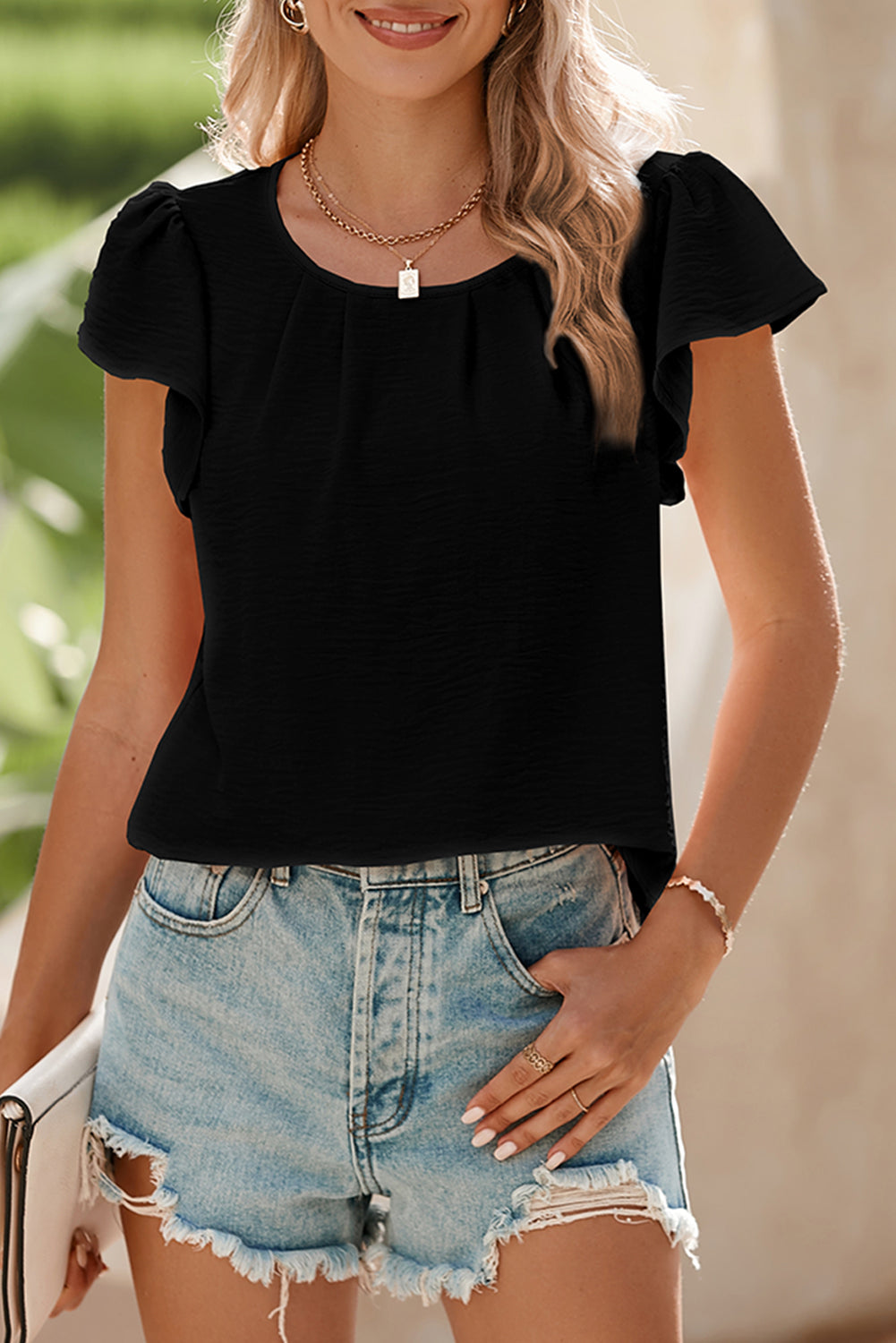 Black Flounce Sleeve Pleated Textured Blouse (Extended Sizes)