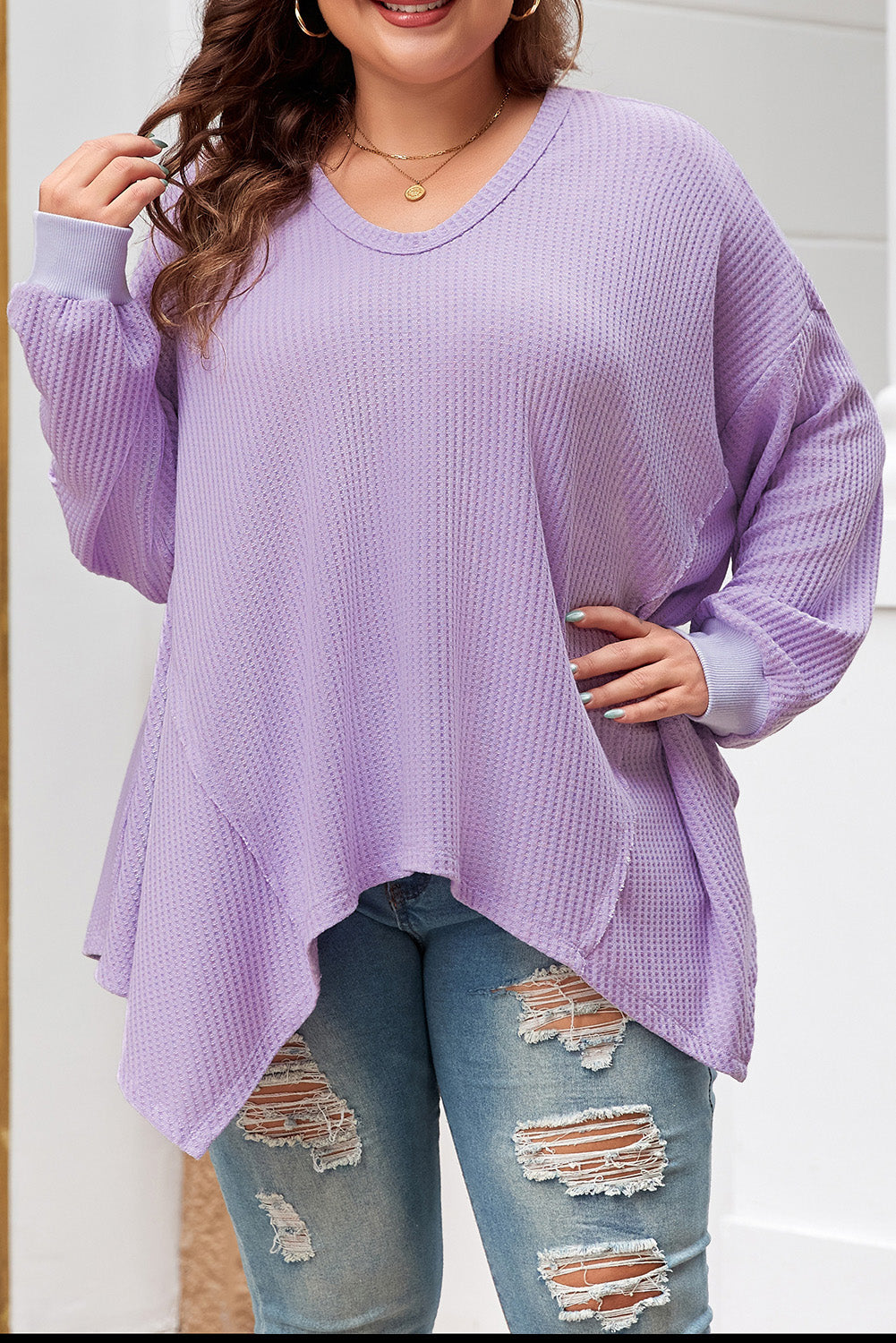 Orchid Petal Waffle Knit Exposed Seam Flowy Top