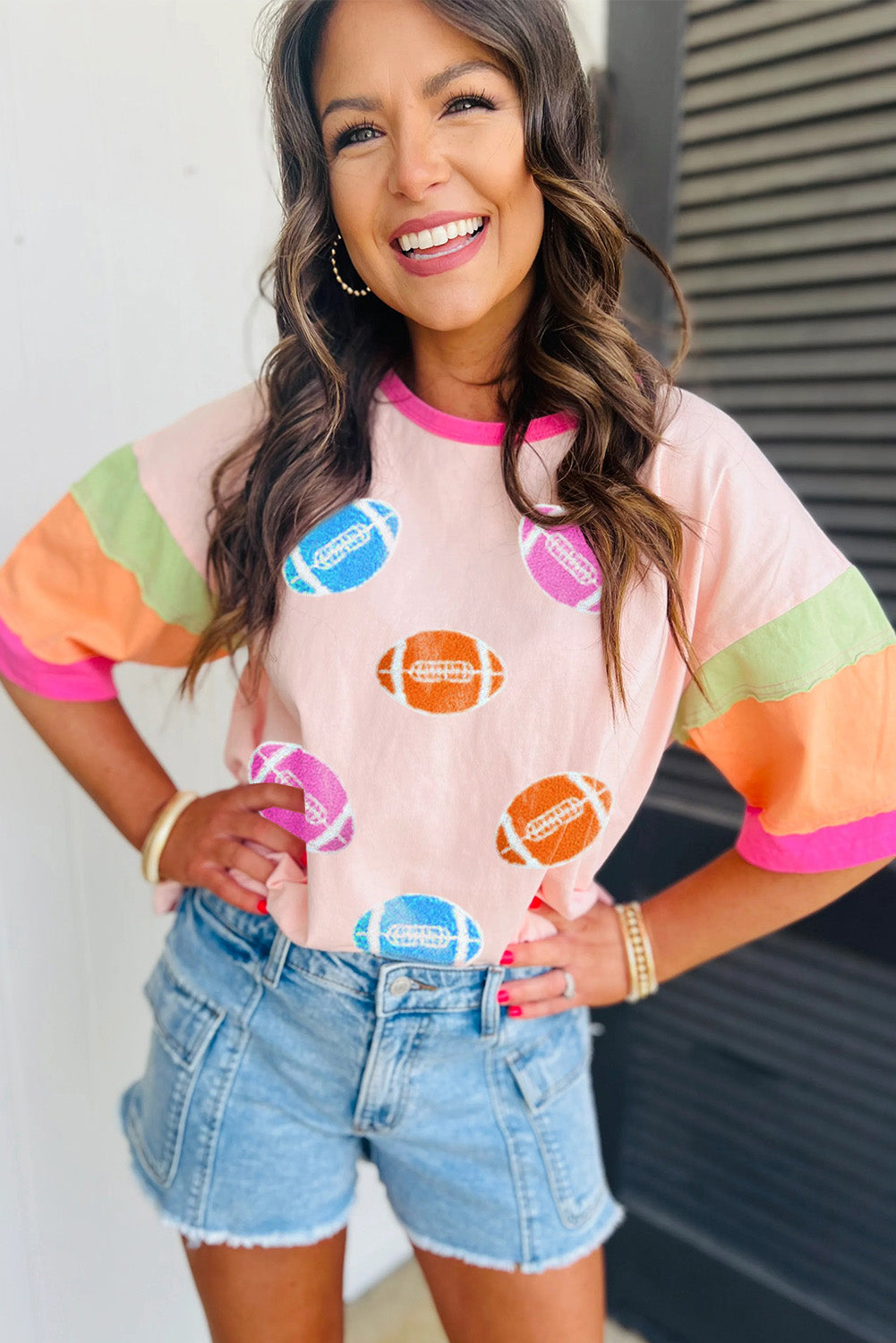 Pink Rugby Chenille Embroidered Color Block Half Sleeve T Shirt (Extended Sizes)