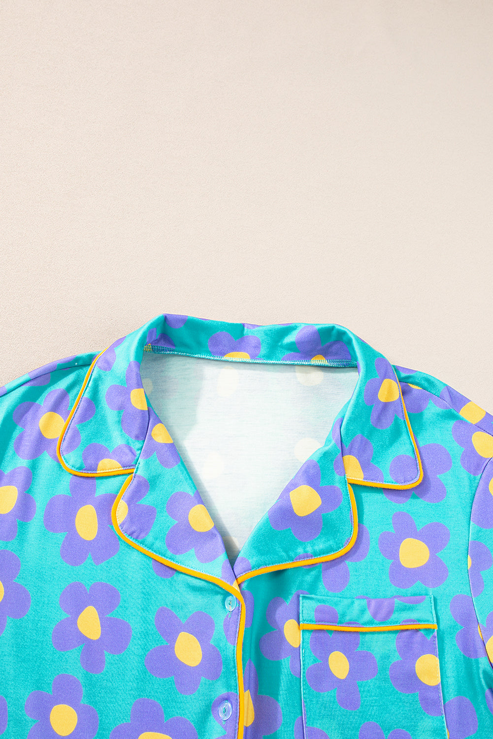 Green Flower Print Short Sleeve Shirt Pajamas Set (Extended Sizes)