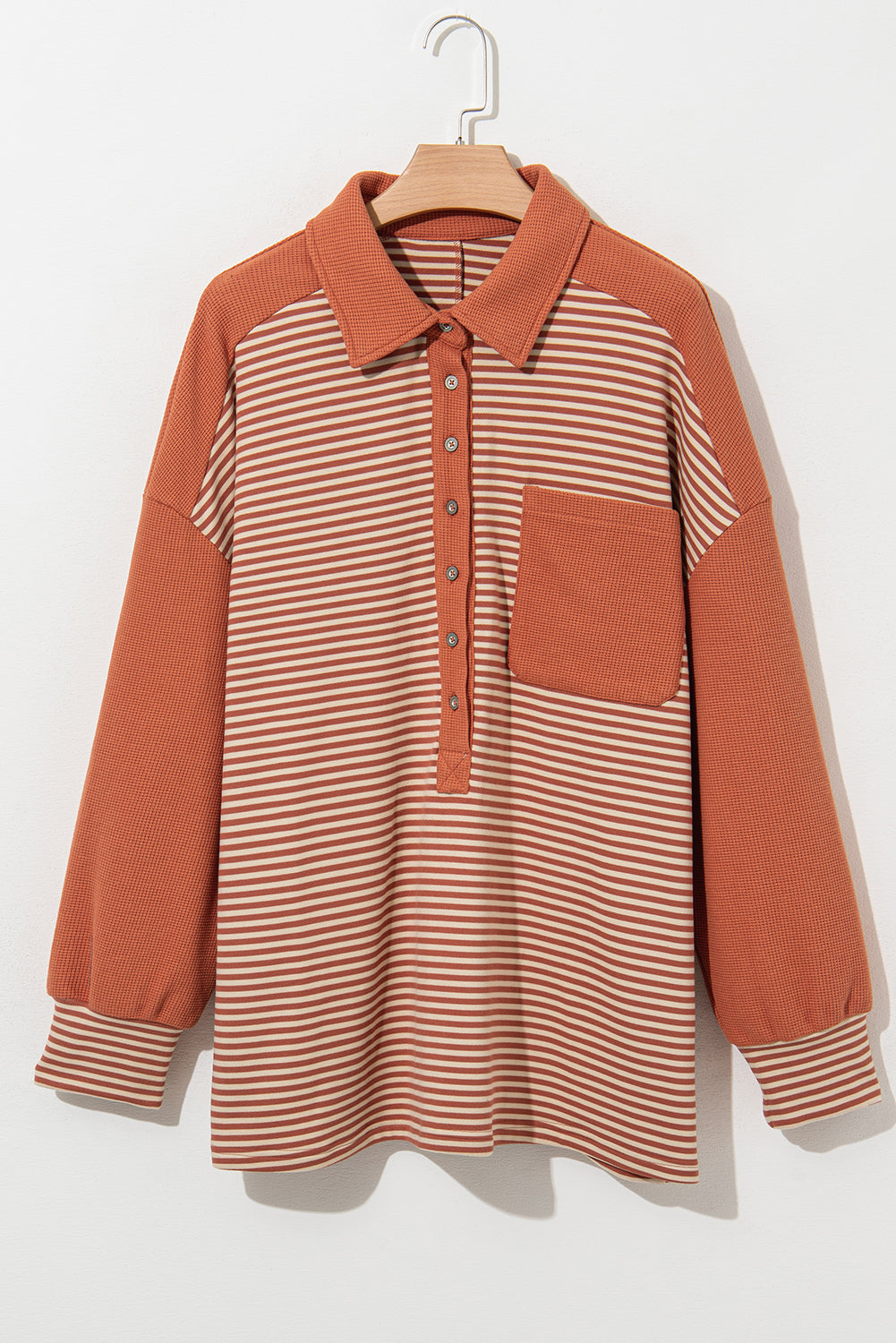Red Stripe Textured Patched Drop Shoulder Buttoned Sweatshirt