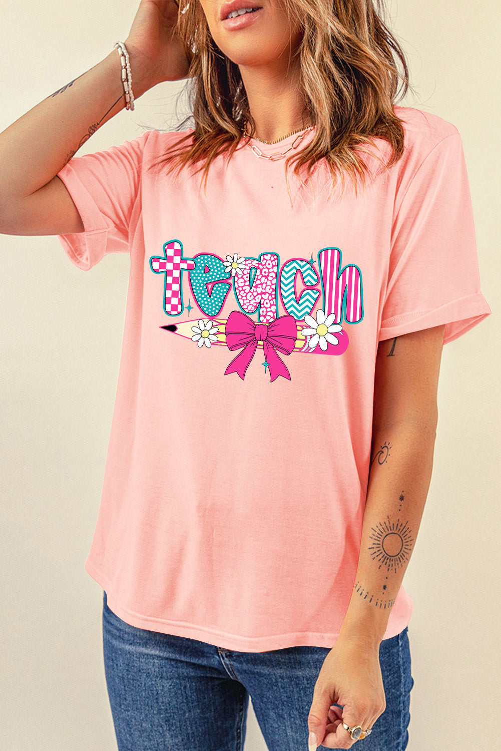 Pink Preppy Retro Checkered Coquette Teach Graphic T-Shirt (Extended Sizes)