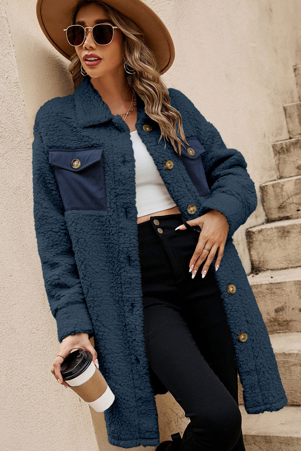 Blue Contrast Flap Pocket Single Breasted Teddy Coat (Extended Sizes)