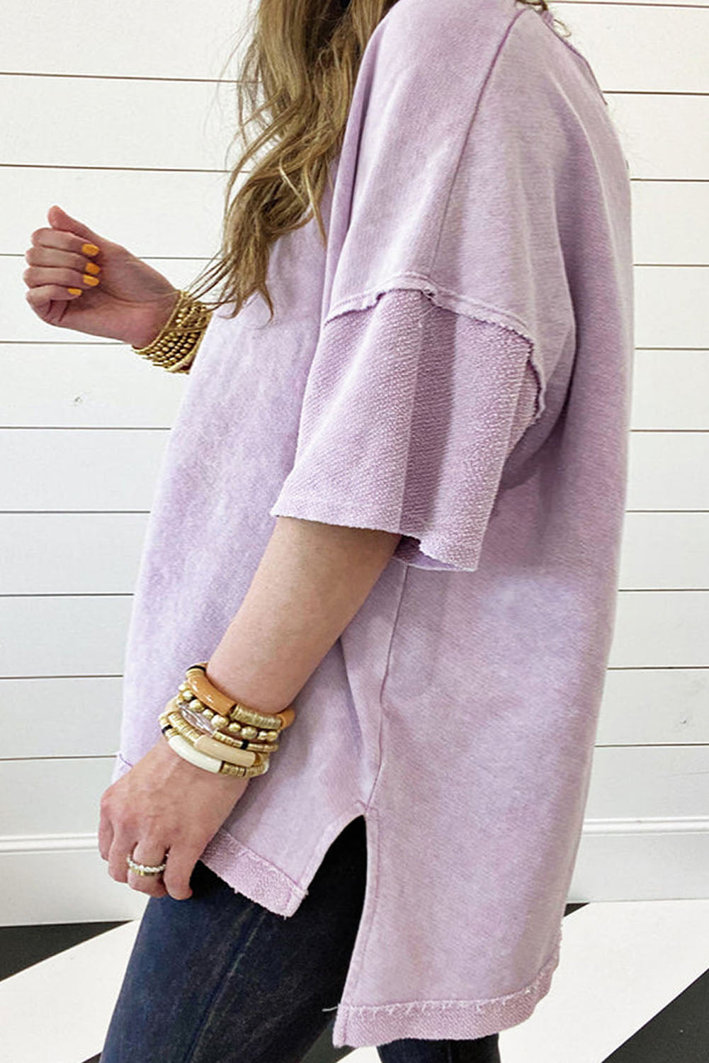 Orchid Petal Mineral Wash Drop Sleeve Patchwork Tee