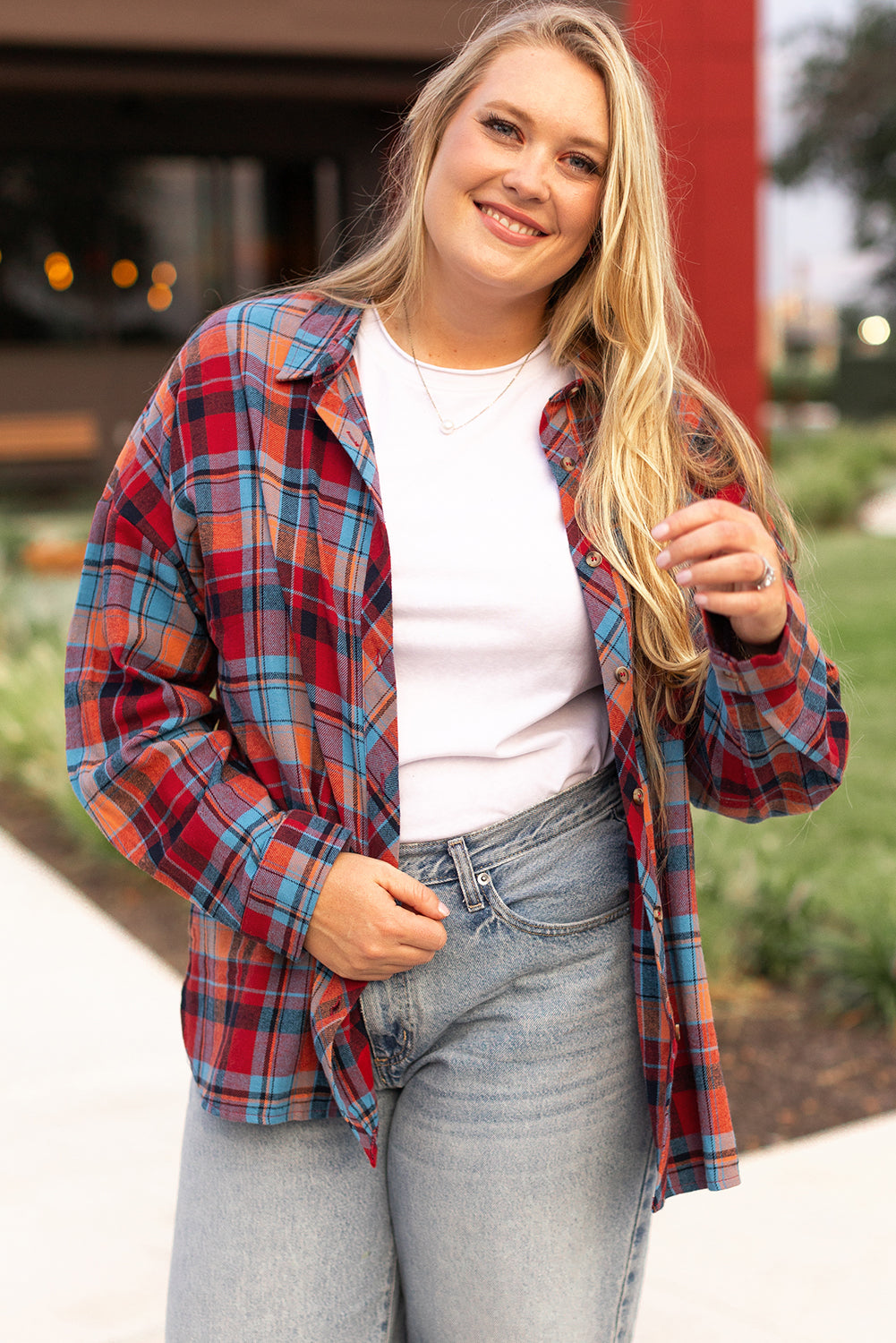 Red Plaid Print Buttoned Shirt