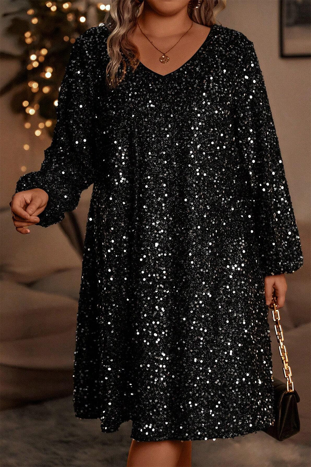 Color black Bubble Sleeve V Neck Sequin Dress