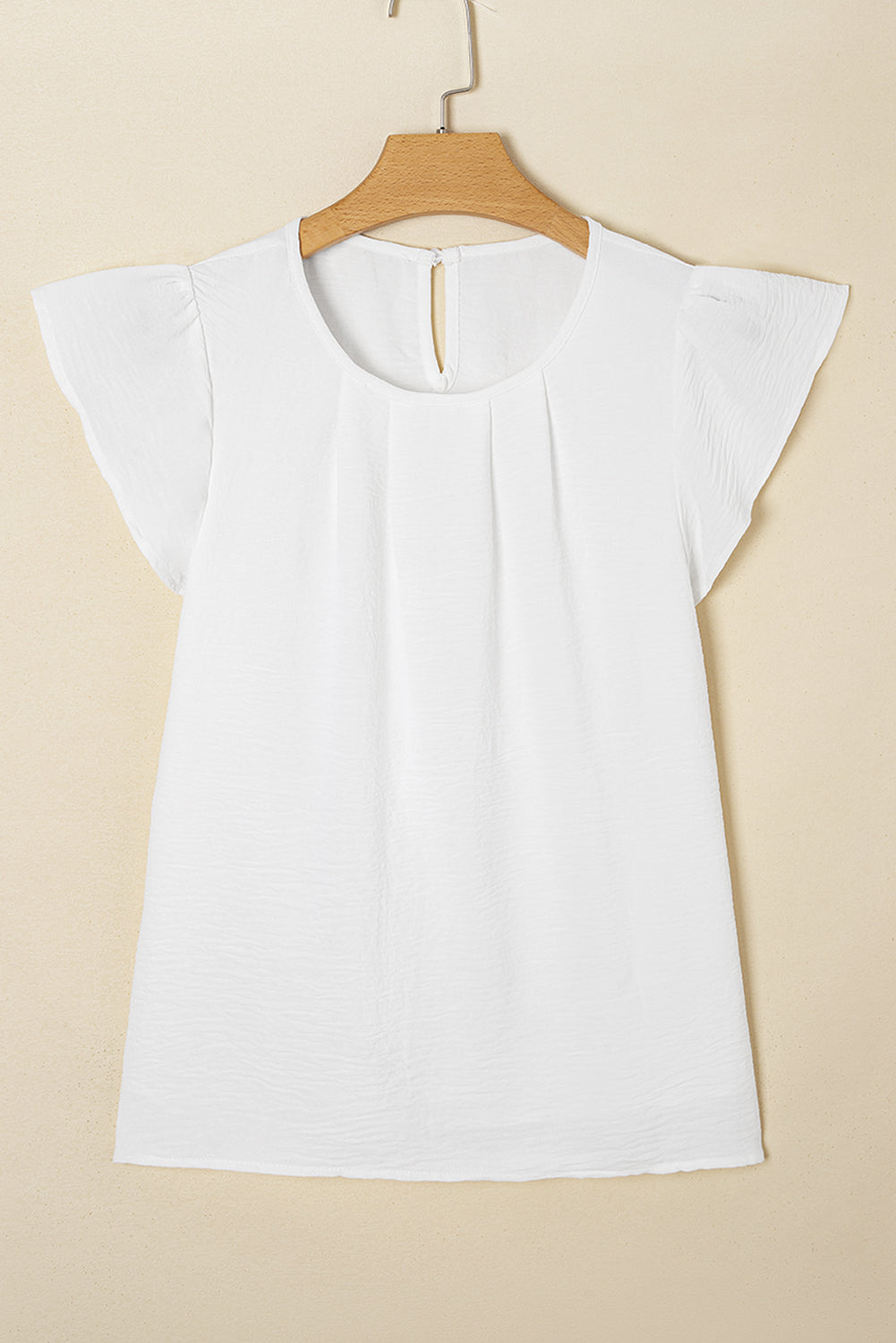 White Flounce Sleeve Pleated Textured Blouse (Extended Sizes)