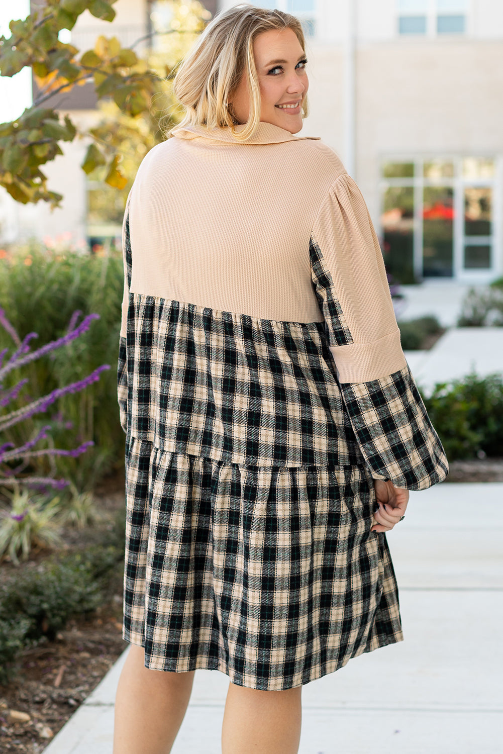 Black Plaid Waffle Knit Patchwork Collared V Neck Mini Dress