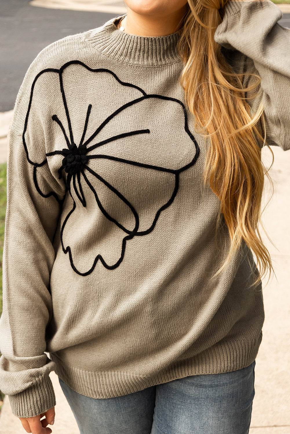 Dark Khaki Big Flower Pattern High Neck Drop Shoulder Sweater
